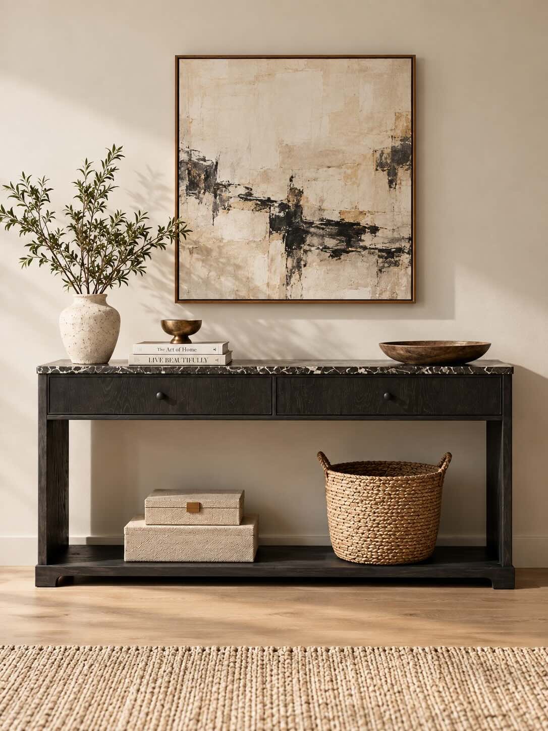 Oryndel Oak Wood Marble Console Table with 2 Drawers in Black Finish Oak Wood Marble Console Table with 2 drawers, Emperador marble top and black finish.