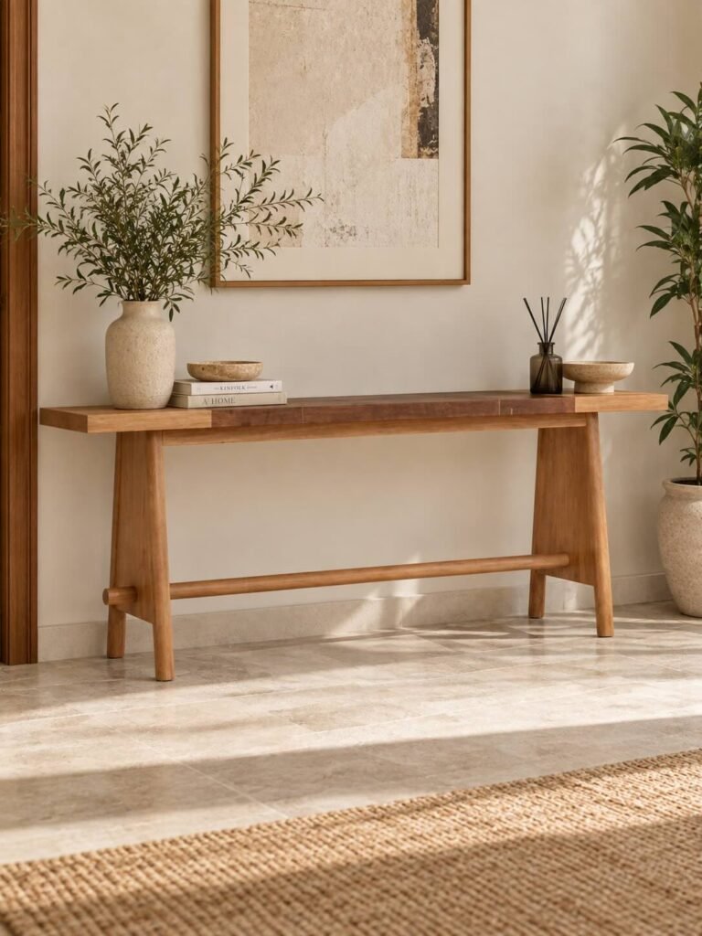 Oak Wood Console Table with minimalist trestle base in White Oak finish.