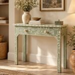 Acrylic Inlay Console Table with botanical vine design in sage green finish.