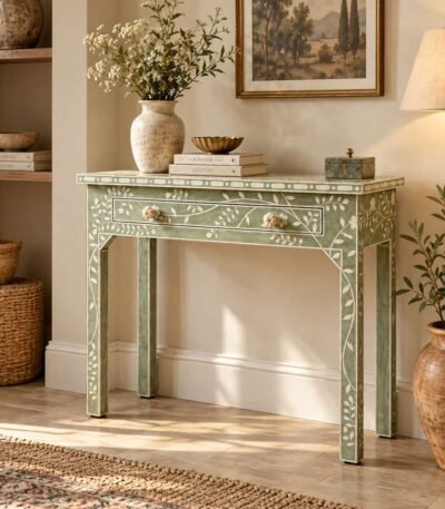 Acrylic Inlay Console Table with botanical vine design in sage green finish.