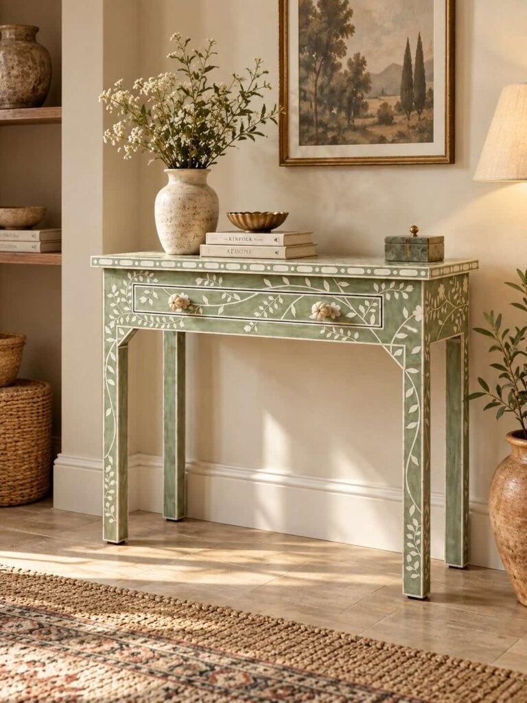 Acrylic Inlay Console Table with botanical vine design in sage green finish.