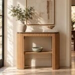 Oak Wood Console Table with fluted curved legs and open shelf in natural finish.