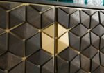 Aurexion | Solid Mango Wood Mini Bar Console Cabinet with Geometric Diamond Front, Gold Metal Frame & Open Lower Shelf in Walnut and Gold Finish – Wooden Slice - Image 6
