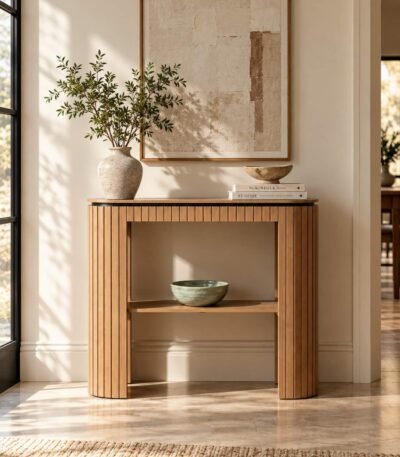 Oak Wood Console Table with fluted curved legs and open shelf in natural finish.