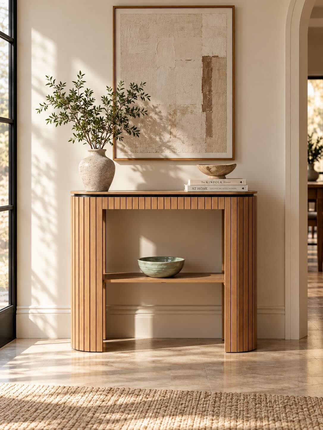 Virello Oak Wood Console Table with Fluted Curved Legs in Natural Finish Oak Wood Console Table with fluted curved legs and open shelf in natural finish.