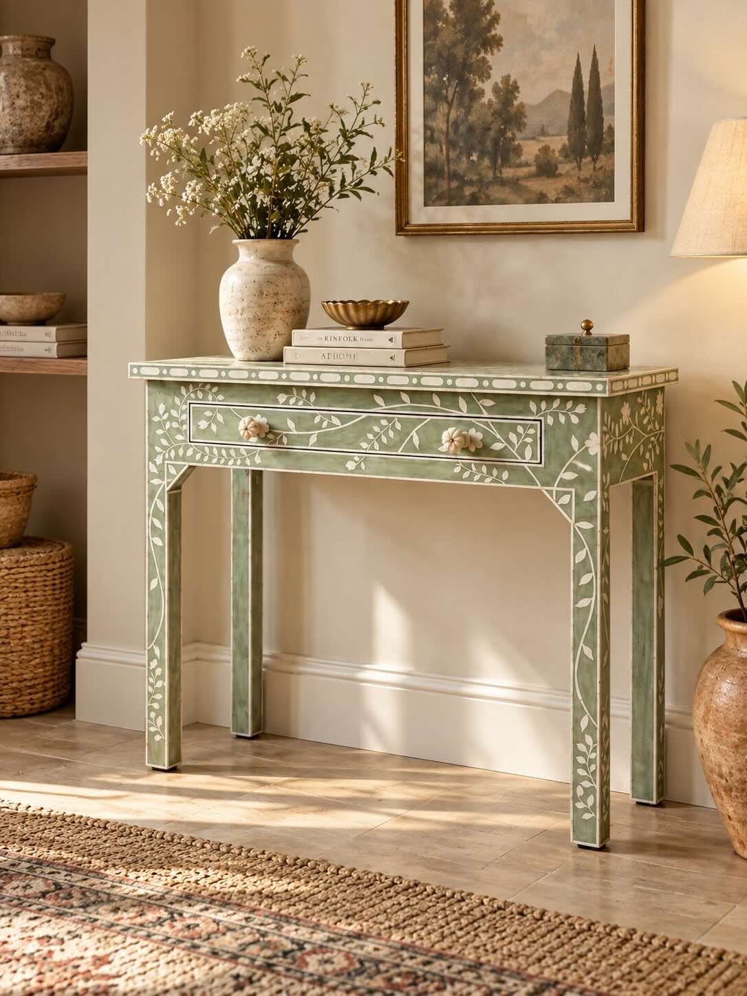 ylvara Acrylic Inlay Console Table with Botanical Design in Sage Green Finish Acrylic Inlay Console Table with botanical vine design in sage green finish.