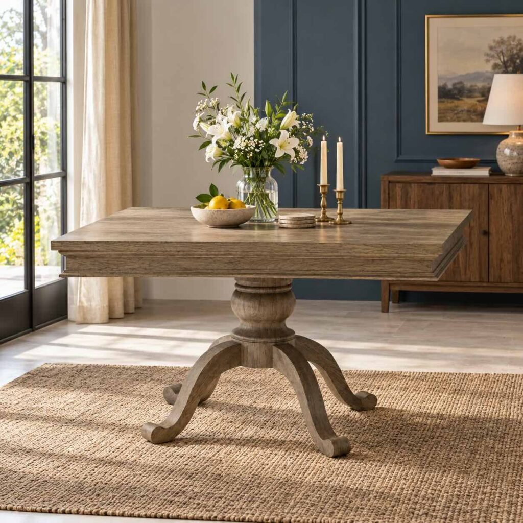 Solid Wood Square Dining Table in natural oak-tone finish with layered square tabletop and four curved cabriole-style pedestal legs.