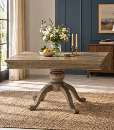 Solid Wood Square Dining Table in natural oak-tone finish with layered square tabletop and four curved cabriole-style pedestal legs.