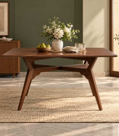Alderwick solid wood angular leg dining table with walnut brown rectangular tabletop and intersecting wooden trestle supports.
