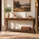 Sheesham Wood Console Table with sculptural curved legs, two-tone rectangular top and open lower wooden shelf.