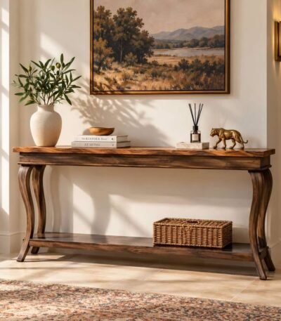 Sheesham Wood Console Table with sculptural curved legs, two-tone rectangular top and open lower wooden shelf.