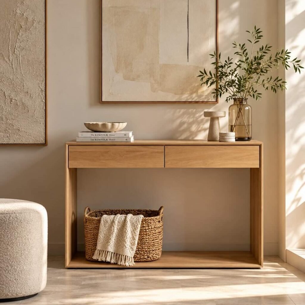Oak Wood Console Table with two drawers in natural finish.