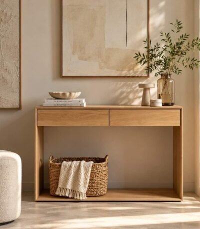 Oak Wood Console Table with two drawers in natural finish.