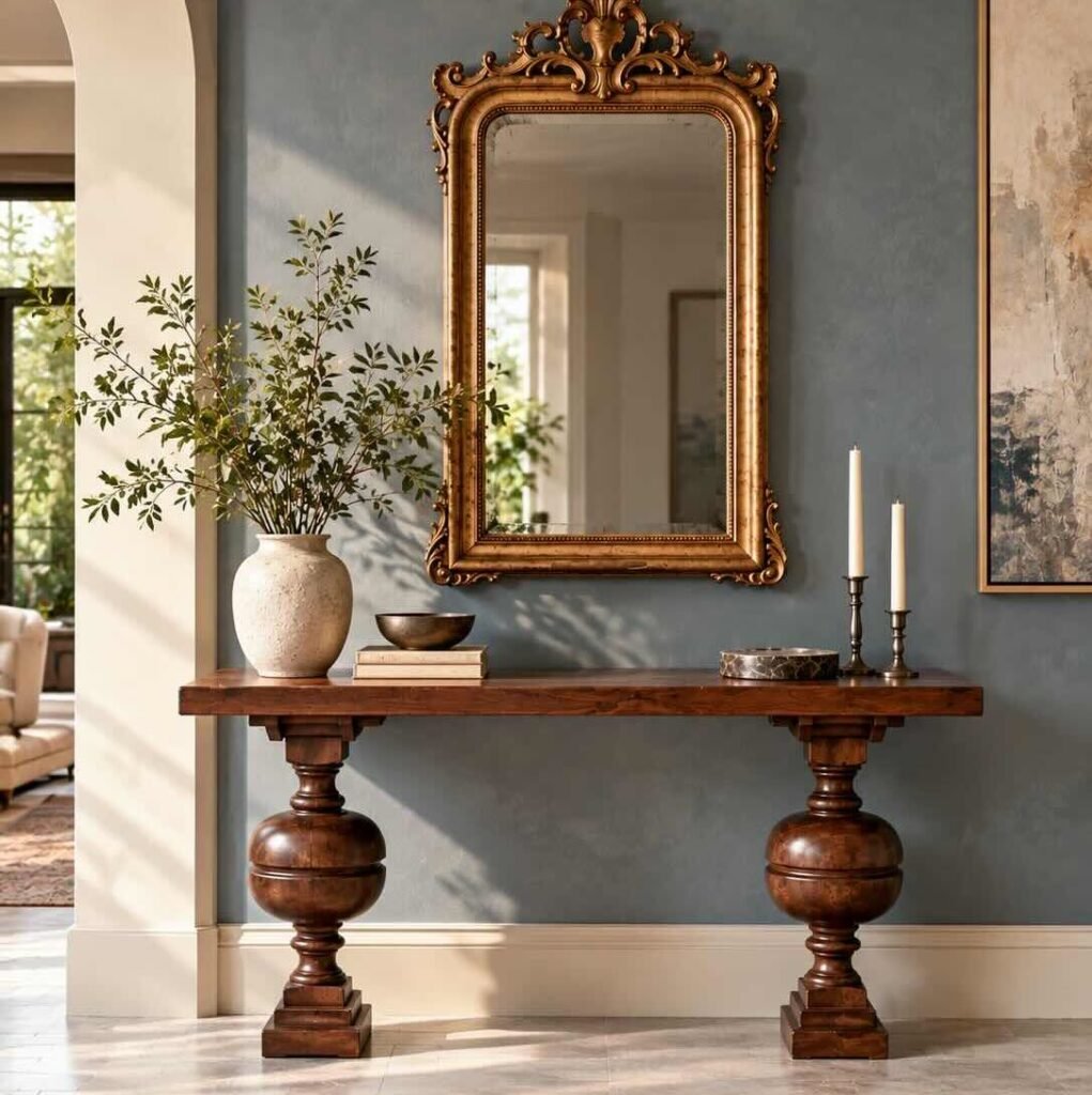 Solid Wood Console Table with classical turned pedestal legs and rectangular tabletop in dark brown finish.