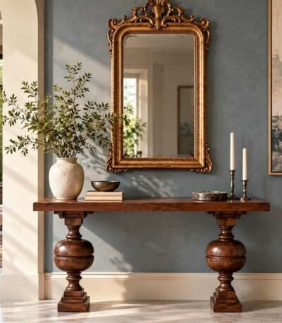 Solid Wood Console Table with classical turned pedestal legs and rectangular tabletop in dark brown finish.