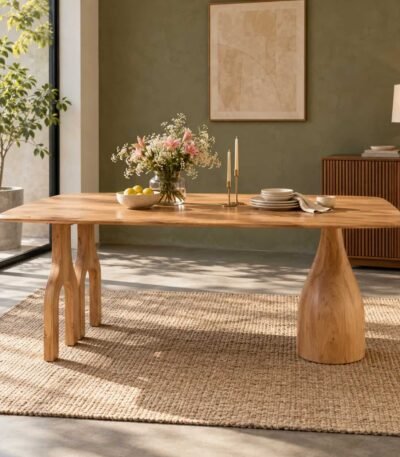 Arch & Form solid wood 6 seater rectangular dining table with sculptural arch legs, rounded tapered support and natural beige wood finish.