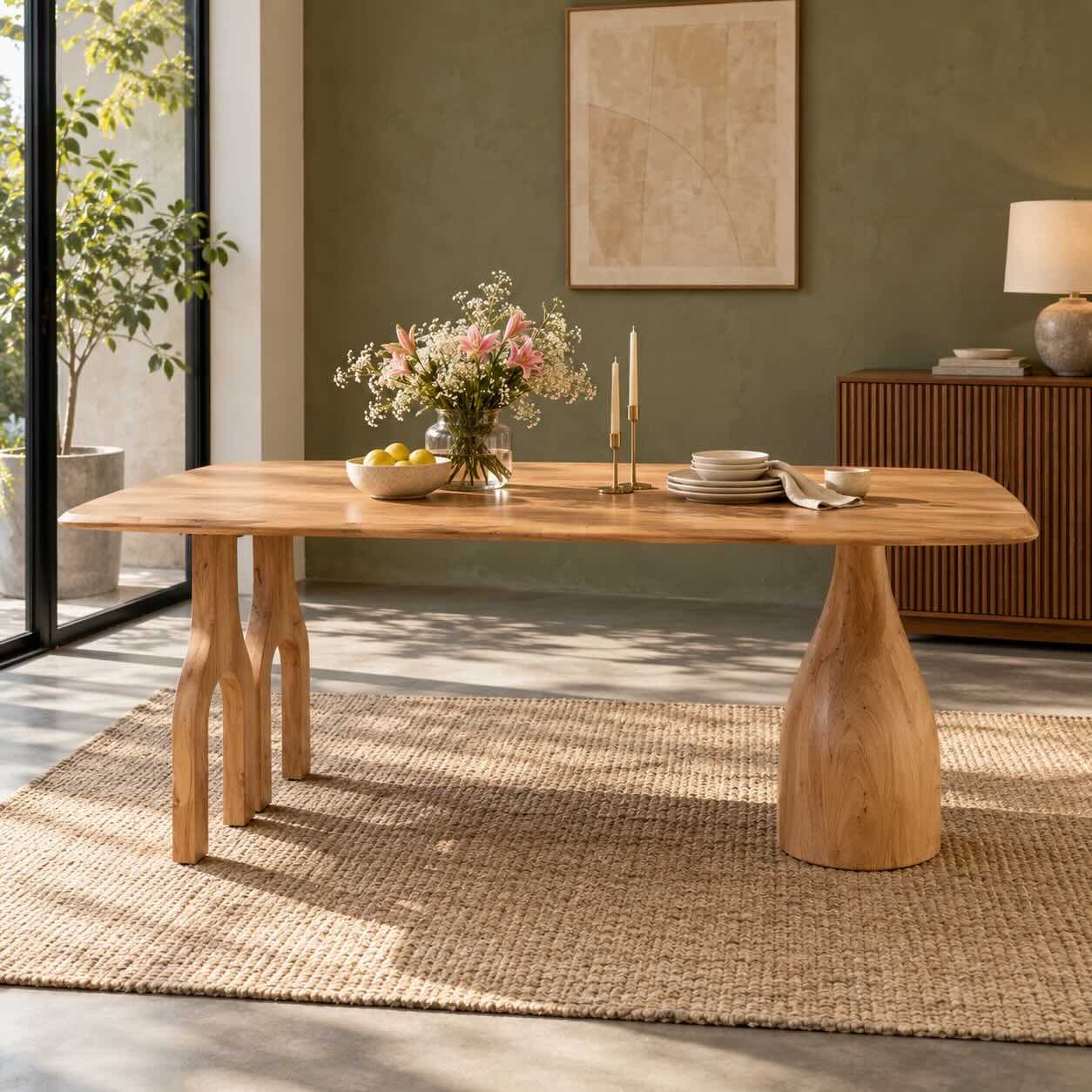 Arch & Form Solid Wood 6 Seater Dining Table with Sculptural Arch Legs in Natural Beige Finish Arch & Form solid wood 6 seater rectangular dining table with sculptural arch legs, rounded tapered support and natural beige wood finish.