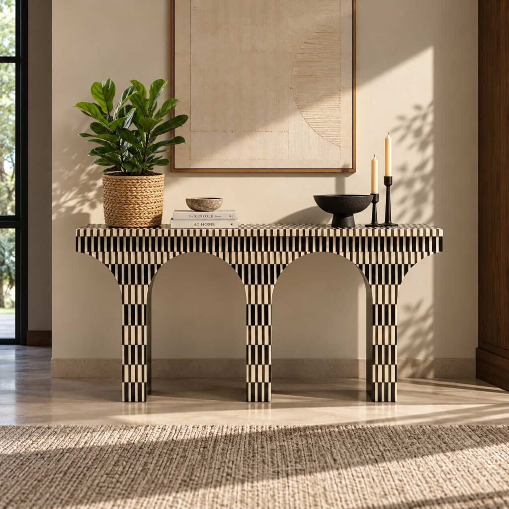 Bone Inlay Console Table with black and ivory checkerboard pattern, three vertical supports and two arched openings.