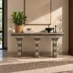 Bone Inlay Console Table with black and ivory checkerboard pattern, three vertical supports and two arched openings.