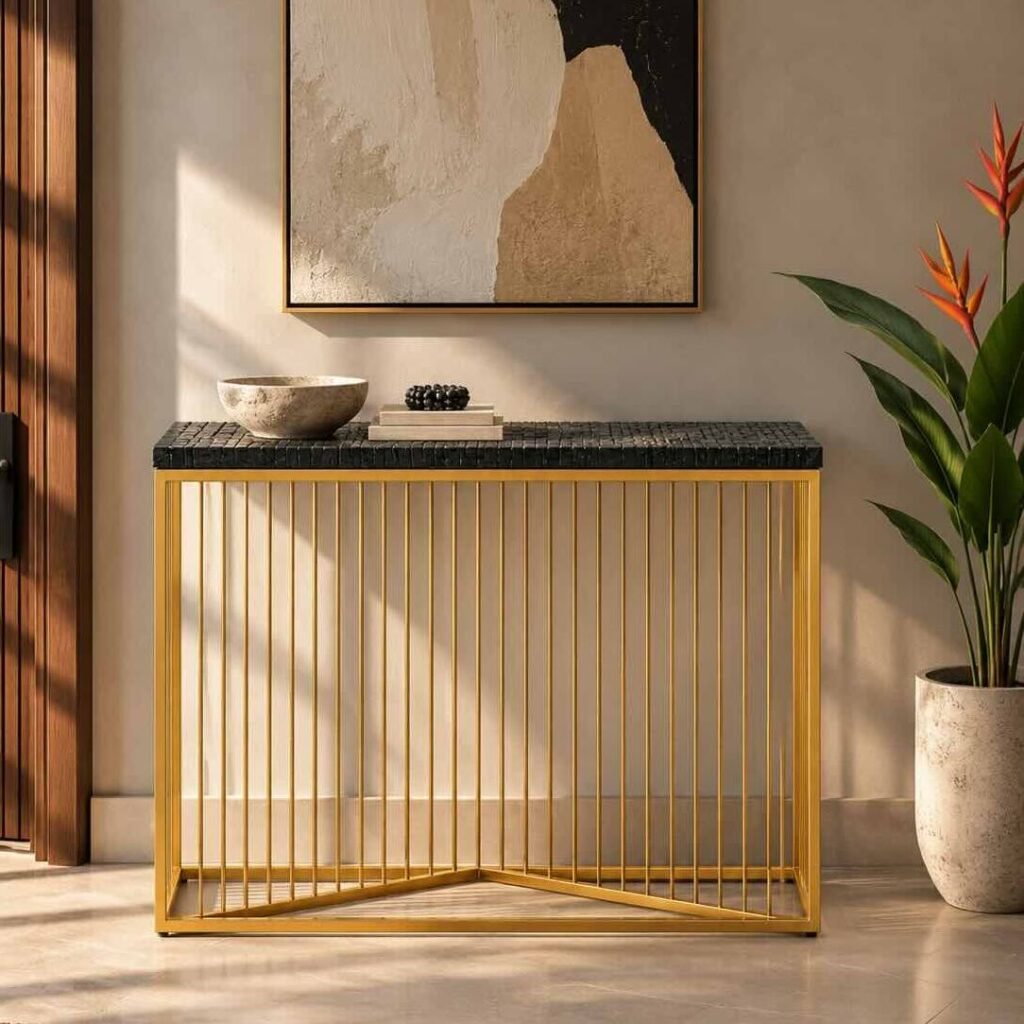 Sheesham Wood Console Table with hand-carved geometric walnut top and gold iron frame.
