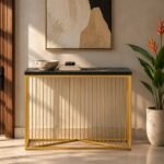 Sheesham Wood Console Table with hand-carved geometric walnut top and gold iron frame.