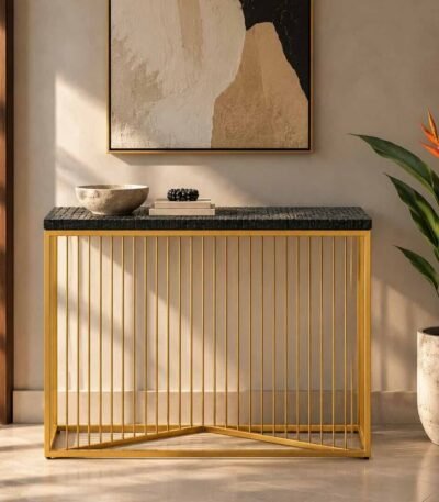 Sheesham Wood Console Table with hand-carved geometric walnut top and gold iron frame.