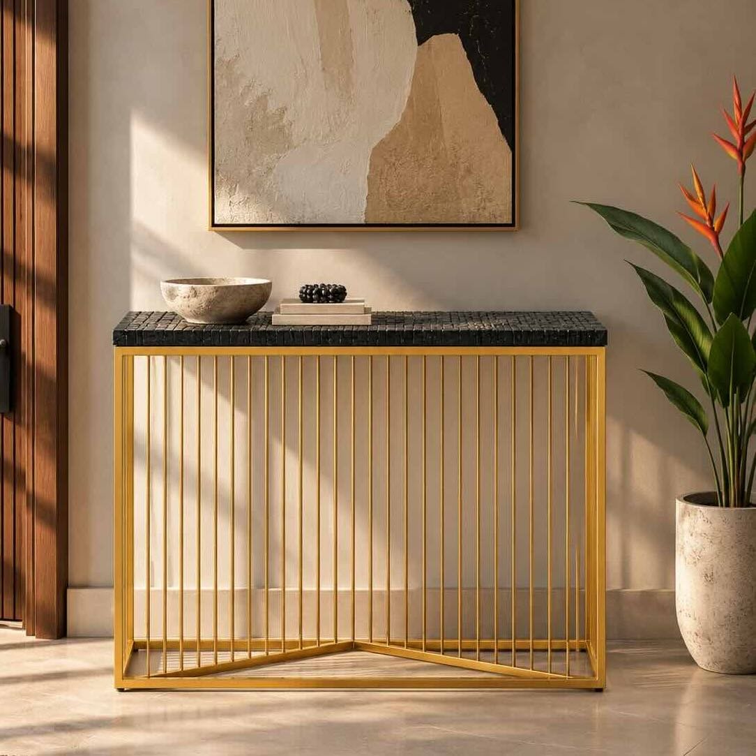 Aurekshan Sheesham Wood Console Table with Hand-Carved Top and Gold Iron Frame Sheesham Wood Console Table with hand-carved geometric walnut top and gold iron frame.
