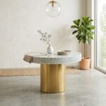 Aurevyn round bone inlay dining table with blue and white geometric pattern and gold-tone cylindrical base