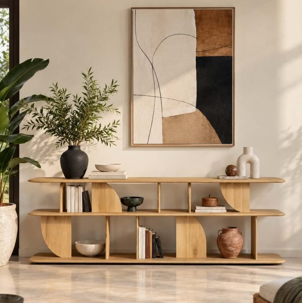 Oak Wood Console Table with sculptural curved shelves and natural finish.