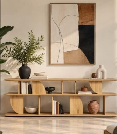 Oak Wood Console Table with sculptural curved shelves and natural finish.