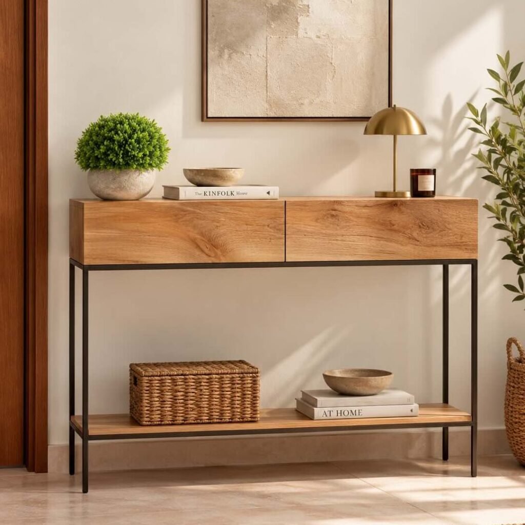 Mango Wood Console Table with two wooden drawers, slim black iron legs and open lower storage shelf.
