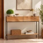 Mango Wood Console Table with two wooden drawers, slim black iron legs and open lower storage shelf.