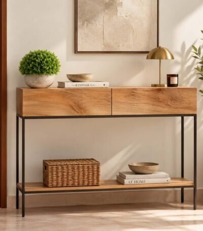 Mango Wood Console Table with two wooden drawers, slim black iron legs and open lower storage shelf.