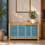 Mango Wood Shoe Cabinet with azure blue sliding louvered doors, open side shelves and natural wood finish.