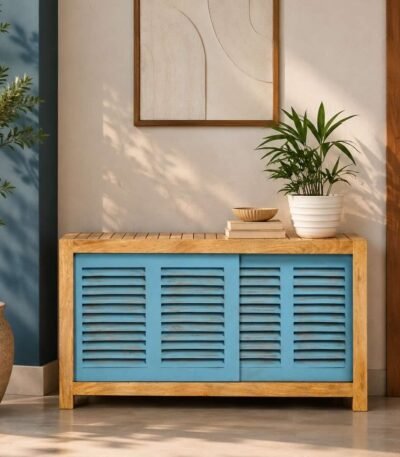 Mango Wood Shoe Cabinet with azure blue sliding louvered doors, open side shelves and natural wood finish.
