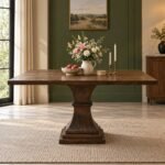 Solid Wood Square Dining Table in dark brown finish with spacious square tabletop and sculptural tapered wooden pedestal base.