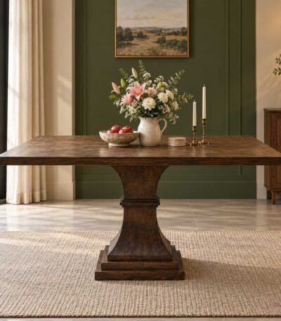 Solid Wood Square Dining Table in dark brown finish with spacious square tabletop and sculptural tapered wooden pedestal base.