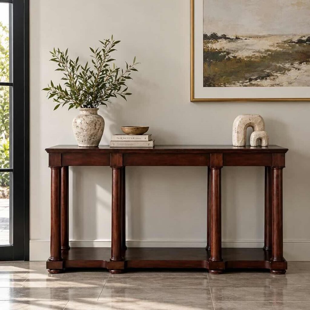 Solid Wood Console Table with classic column legs and open lower shelf in rich brown finish.