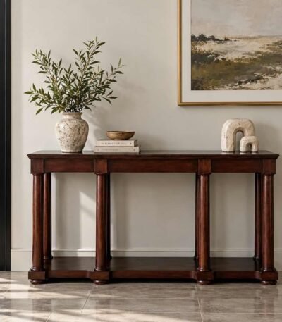 Solid Wood Console Table with classic column legs and open lower shelf in rich brown finish.