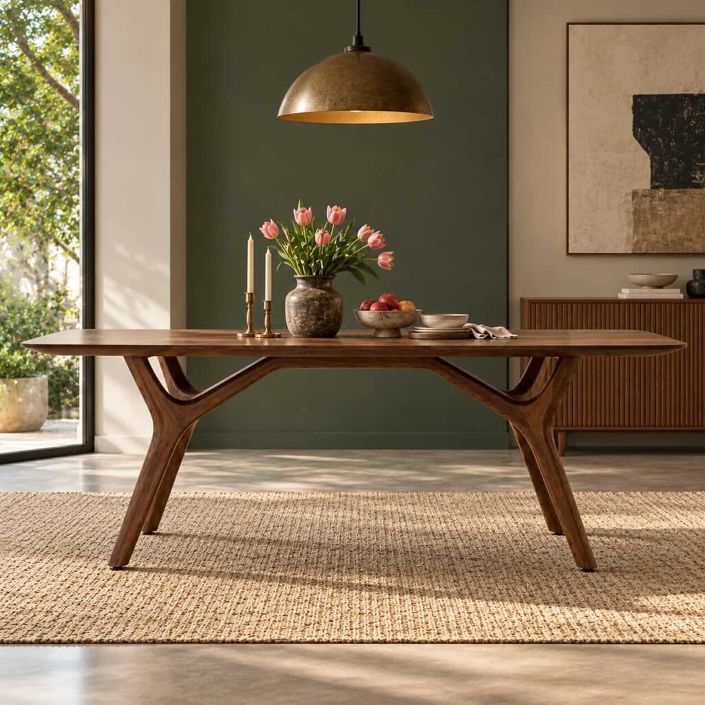 Branchline solid wood 6 seater dining table with rectangular tabletop, sculptural branch-inspired wooden legs and brown wood finish.