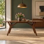 Branchline solid wood 6 seater dining table with rectangular tabletop, sculptural branch-inspired wooden legs and brown wood finish.