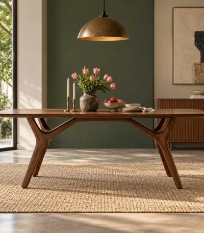 Branchline solid wood 6 seater dining table with rectangular tabletop, sculptural branch-inspired wooden legs and brown wood finish.