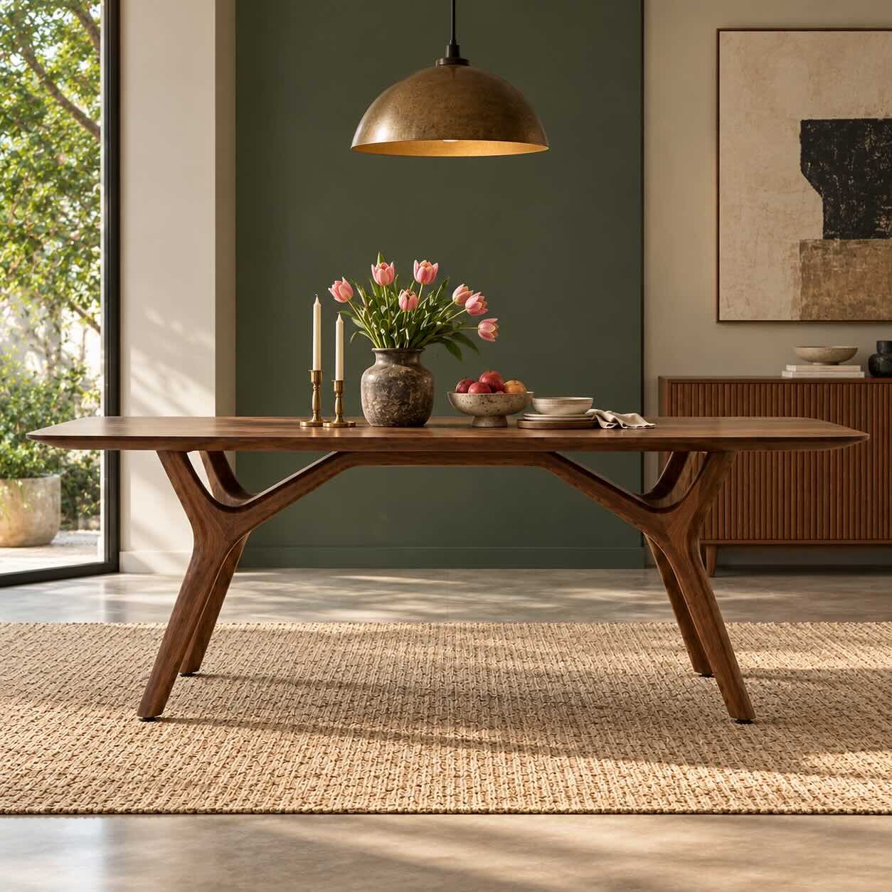 Branchline Solid Wood 6 Seater Dining Table with Sculptural Branch Legs in Brown Finish Branchline solid wood 6 seater dining table with rectangular tabletop, sculptural branch-inspired wooden legs and brown wood finish.