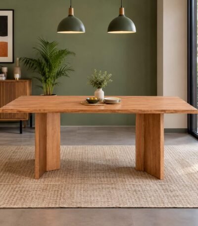 Braventon 6 seater solid wood rectangular dining table with broad panel legs in natural finish