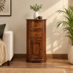Avenloch mango wood display hutch cabinet with two glass doors, open shelves, three drawers and three lower cabinet doors in Novo Premium finish