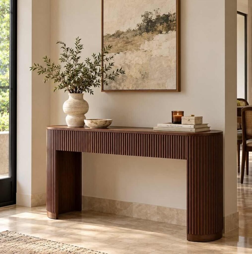 Solid Wood Console Table with fluted detailing and rounded edges in brown finish.