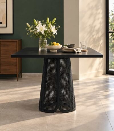 Canestra black rattan pedestal dining table with square acacia wood top, tapered woven rattan base and modern sculptural design.