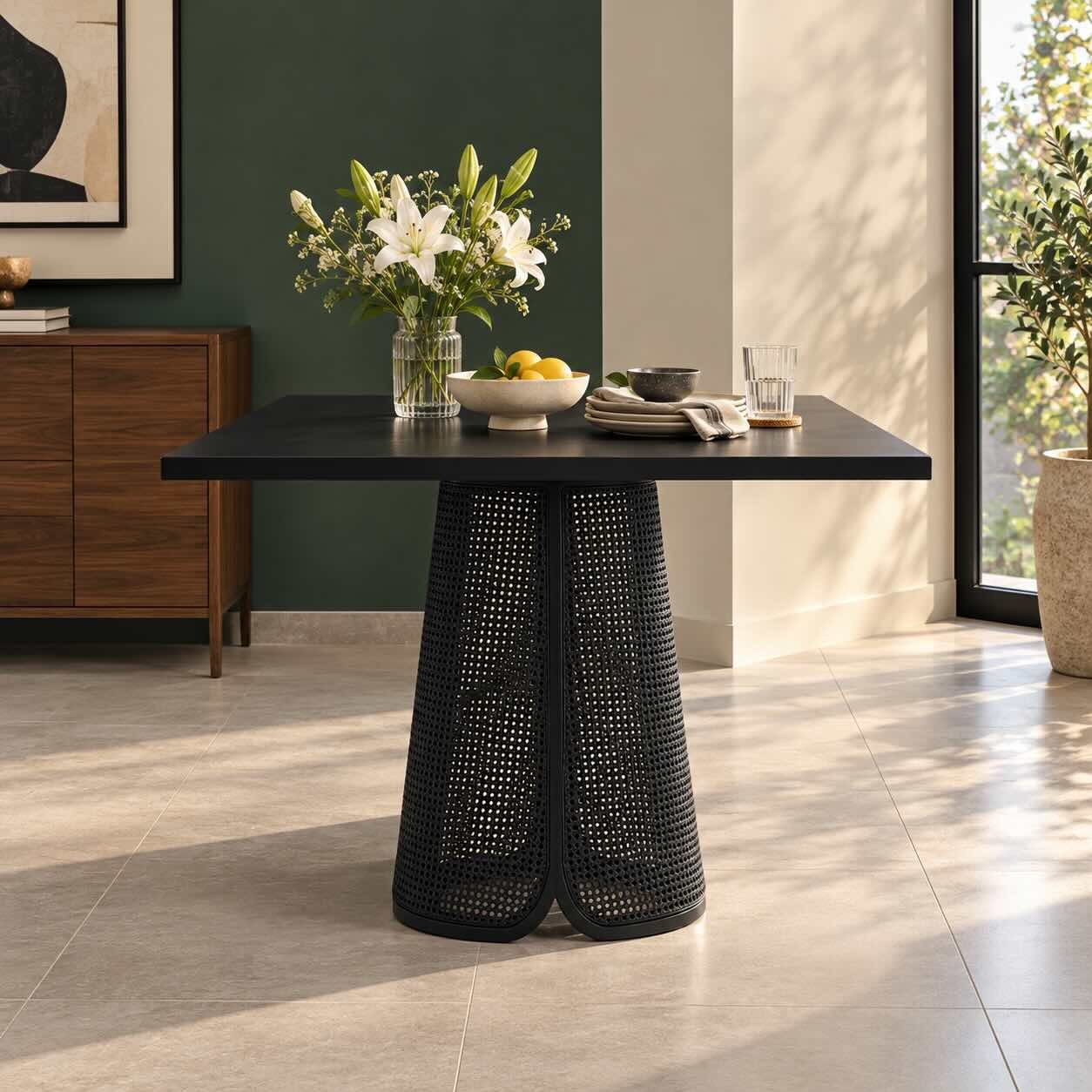 Canestra Black Acacia Wood & Rattan Dining Table with Woven Pedestal Canestra black rattan pedestal dining table with square acacia wood top, tapered woven rattan base and modern sculptural design.