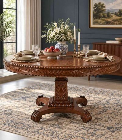 Carvoria Carved Sheesham Dining Table with 148 cm round tabletop, floral carved apron, ornate pedestal base and natural brown finish.