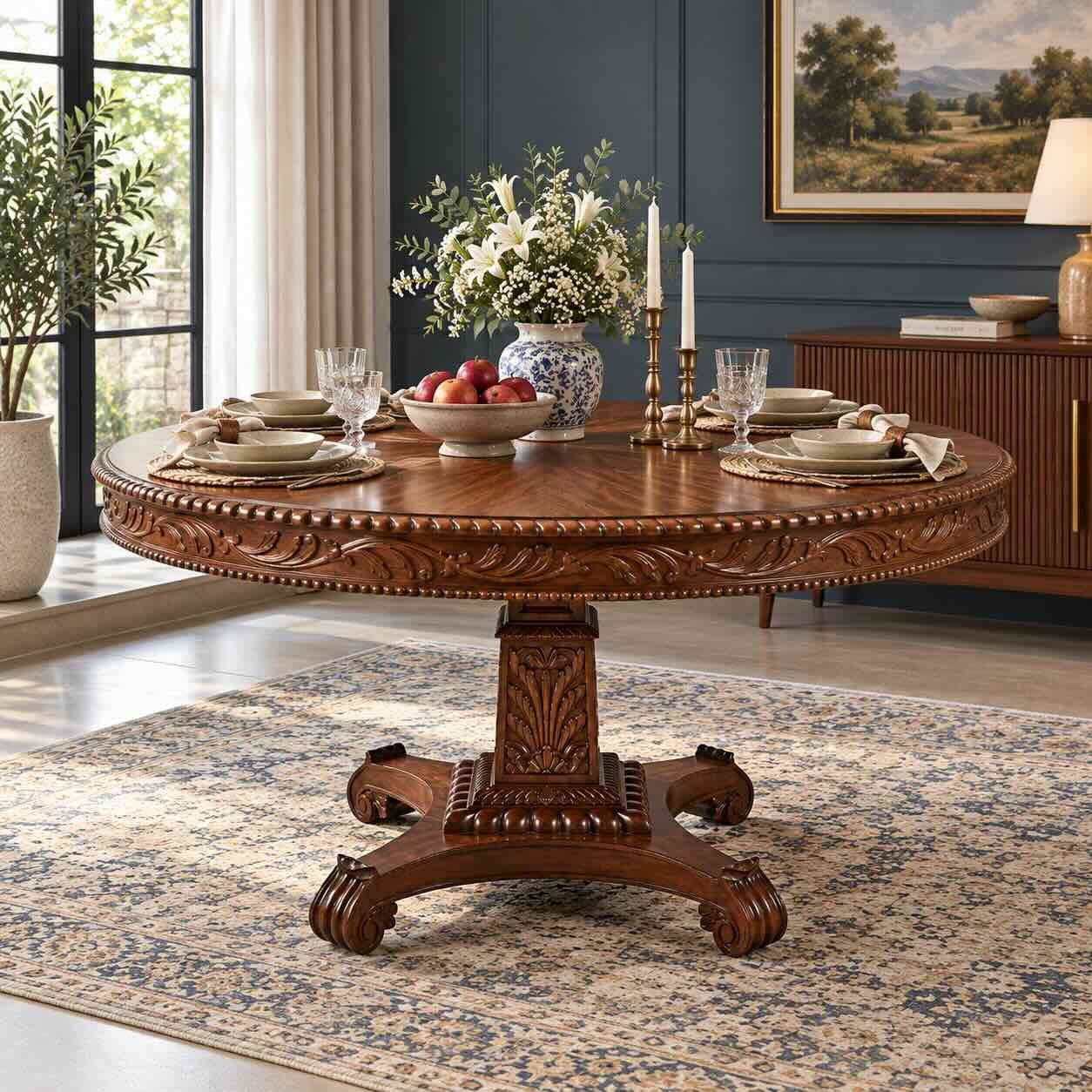 Carvoria Carved Sheesham Dining Table with Ornate Floral Pedestal Carvoria Carved Sheesham Dining Table with 148 cm round tabletop, floral carved apron, ornate pedestal base and natural brown finish.